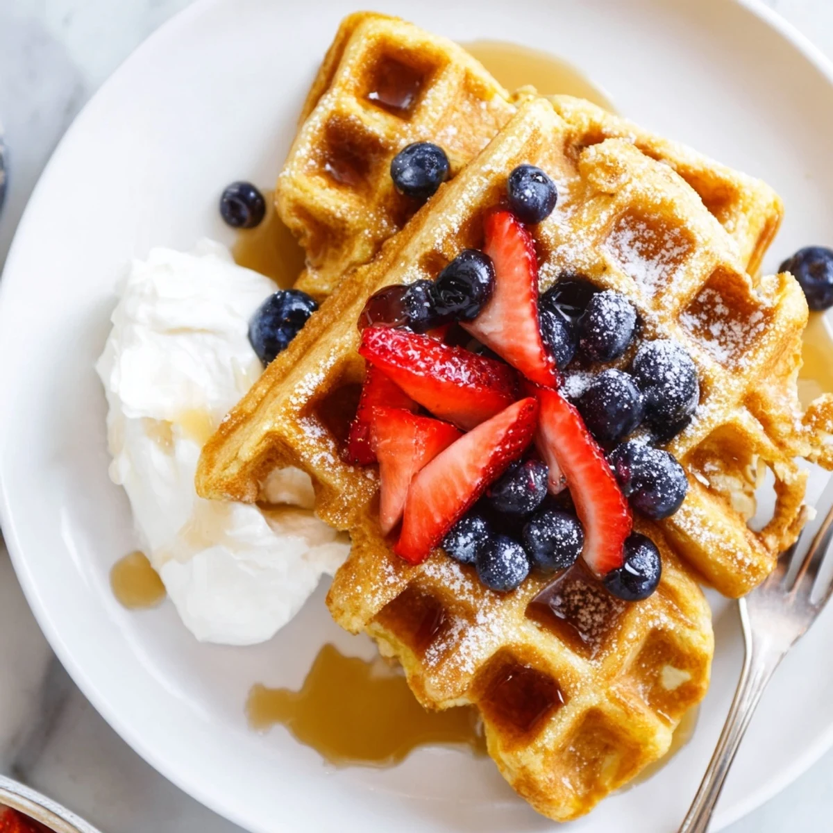 Crispy Greek yogurt waffles topped with whipped cream and drizzled honey for breakfast.