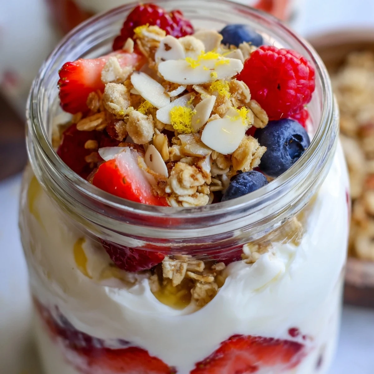 Creamy Greek Yogurt Parfait layered with fresh berries and golden granola in a glass