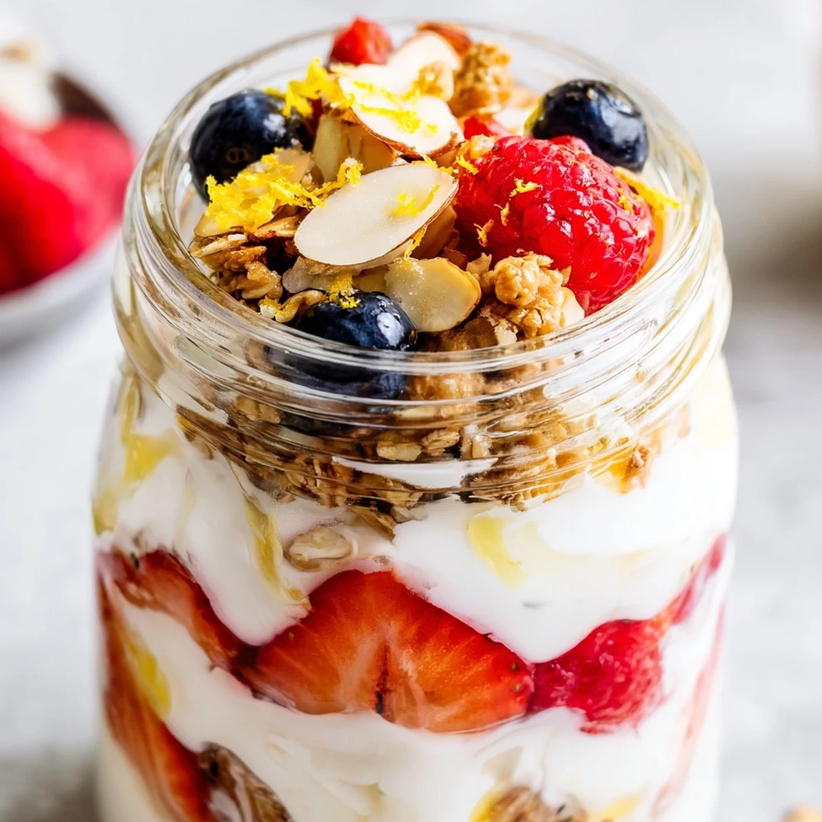 Greek Yogurt Parfait topped with crunchy granola and vibrant mixed berries for breakfast