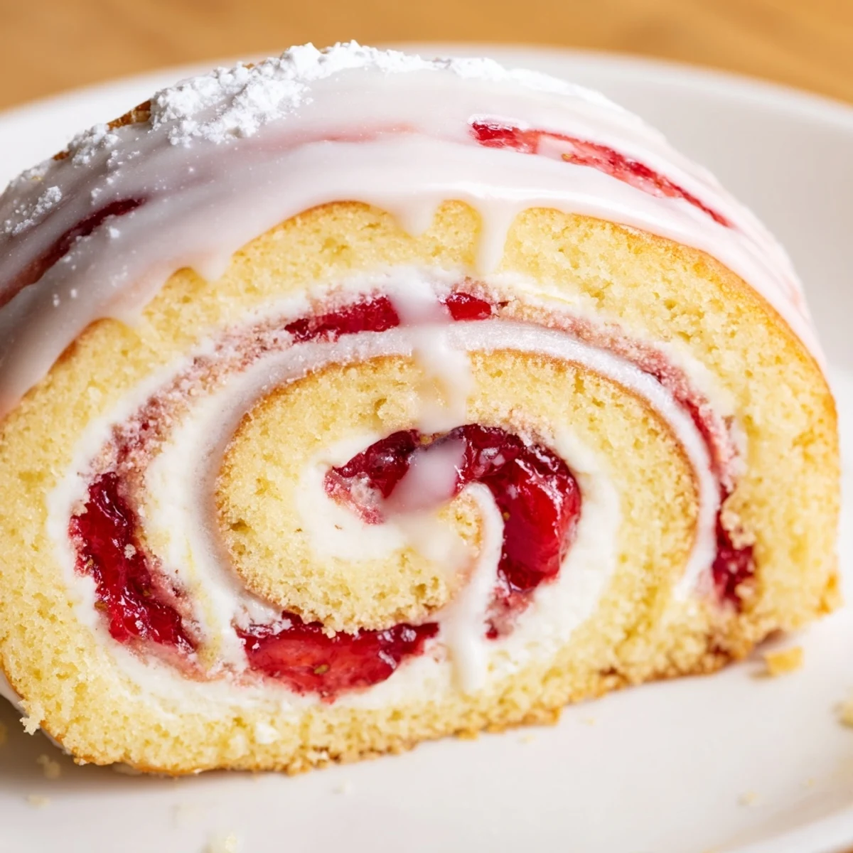 Golden Strawberry Shortcake Cheesecake Rolls drizzled with sweet vanilla glaze on a white plate