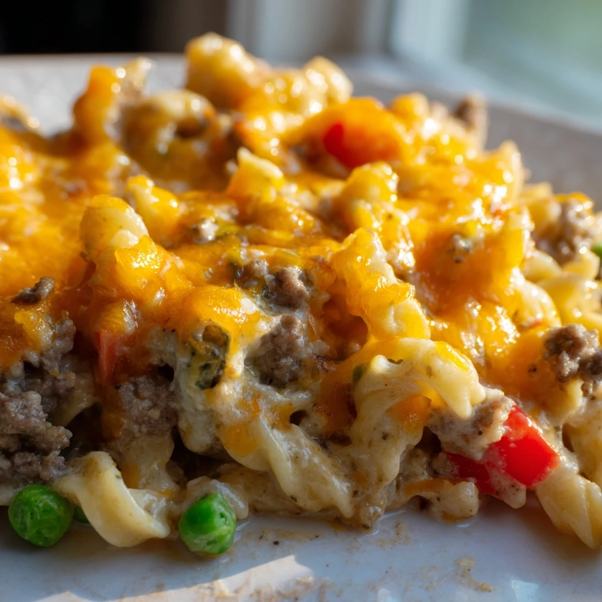 Golden bubbling cheesy beef and noodle casserole fresh from the oven with melted cheddar topping