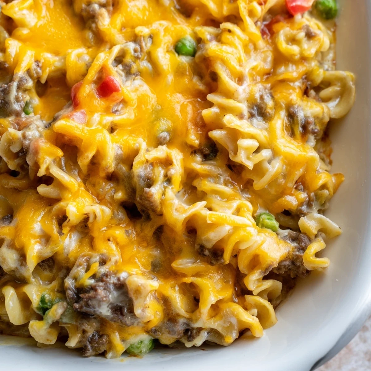 Creamy cheesy beef and noodle casserole with tender egg noodles in a savory beef sauce