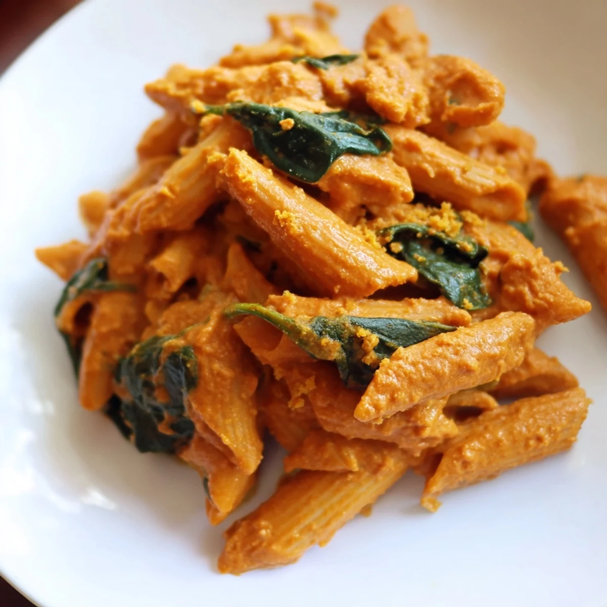 Creamy sun dried tomato vegan pasta twirled in a rich, velvety reddish-orange cashew sauce