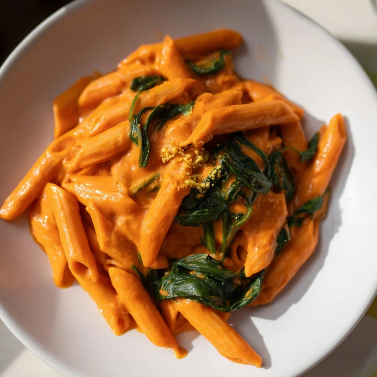 Creamy sun dried tomato vegan pasta topped with fresh basil and wilted spinach leaves