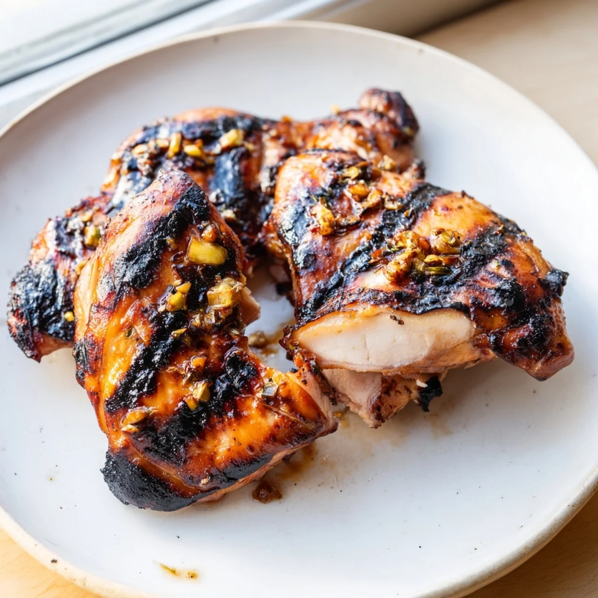 Golden Grilled Vietnamese Chicken with charred edges served on a white plate with fresh cilantro