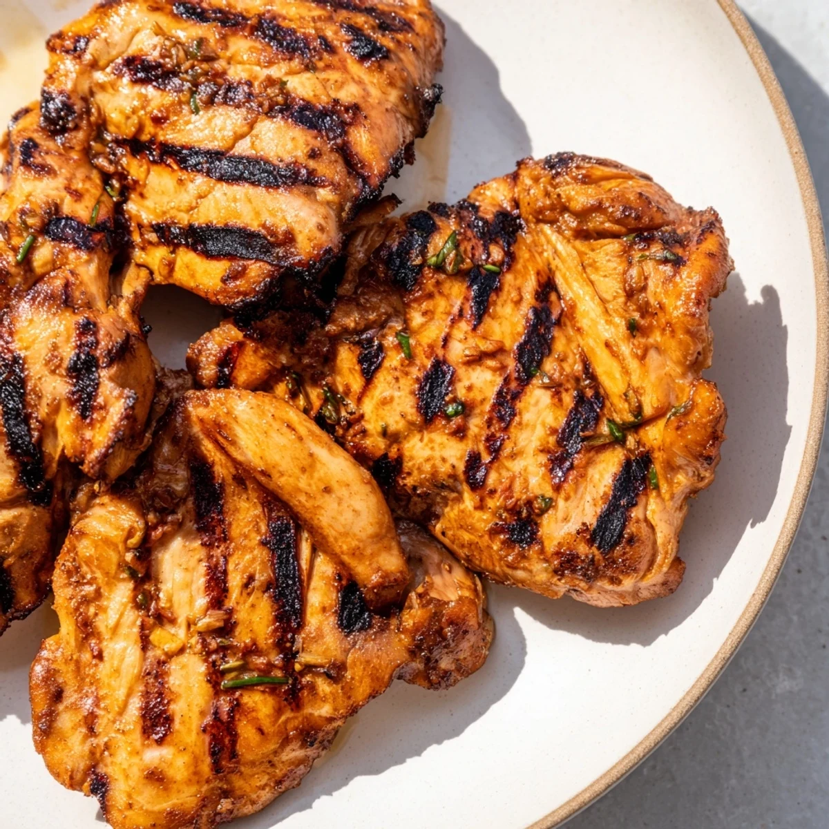 Juicy Grilled Vietnamese Chicken sliced and garnished with lime wedges and crisp cucumber slices