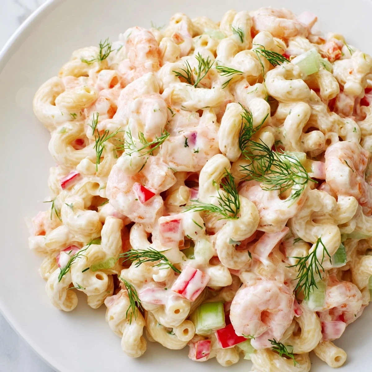 Creamy shrimp macaroni salad in a white bowl with tender shrimp and crisp vegetables