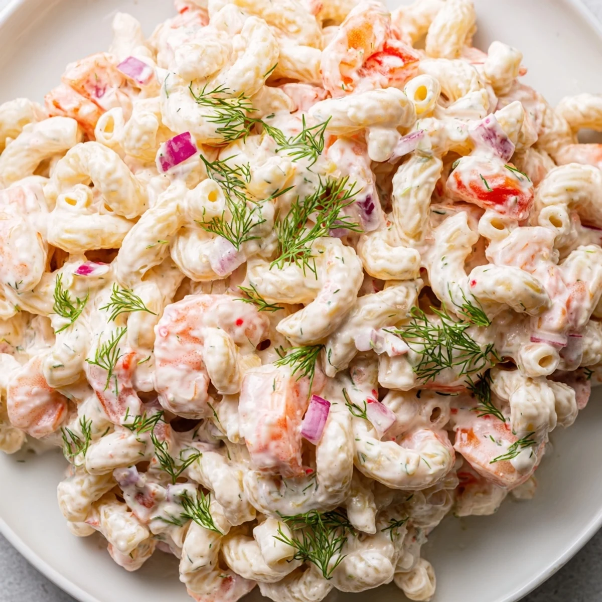 Chilled shrimp macaroni salad loaded with pink shrimp, colorful bell peppers, and fresh herbs
