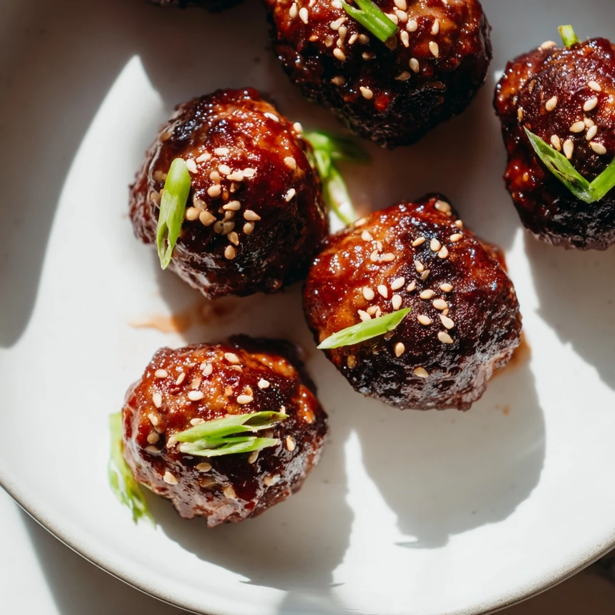 Golden Korean BBQ meatballs glistening with glaze beside creamy spicy mayo dip