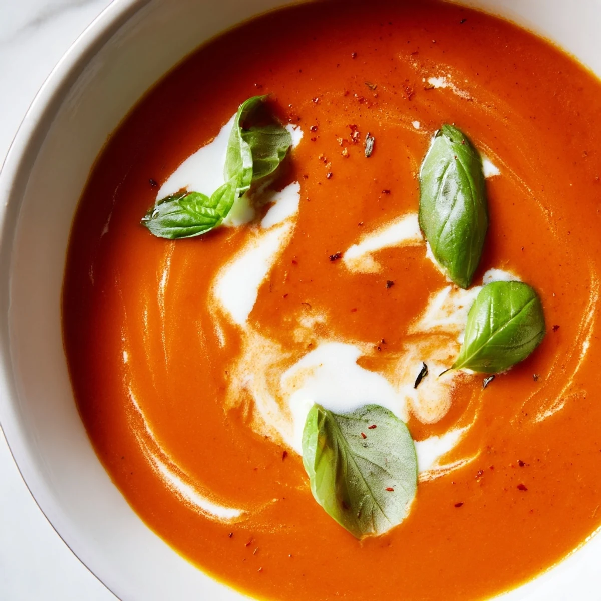 Creamy fire roasted tomato soup topped with fresh basil in rustic bowls