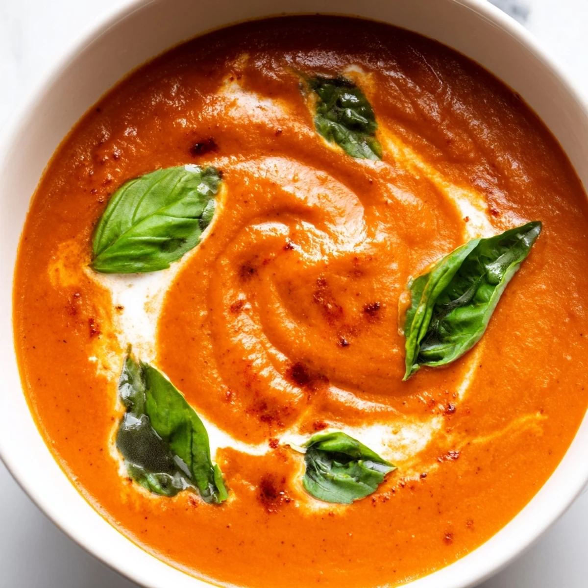 Smoky fire roasted tomato soup ladled into mugs with crusty sourdough