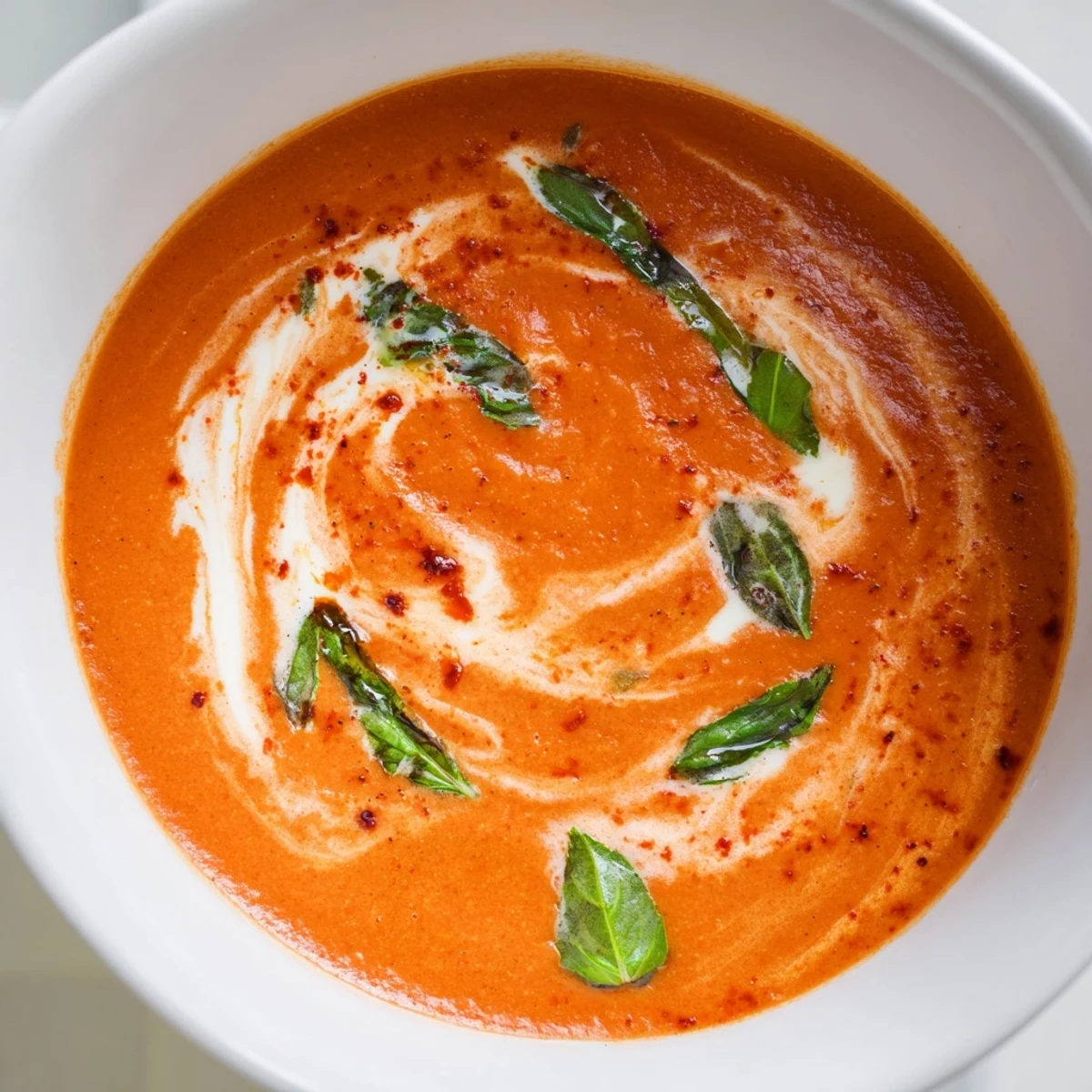 Velvety fire roasted tomato soup garnished with basil beside a grilled cheese