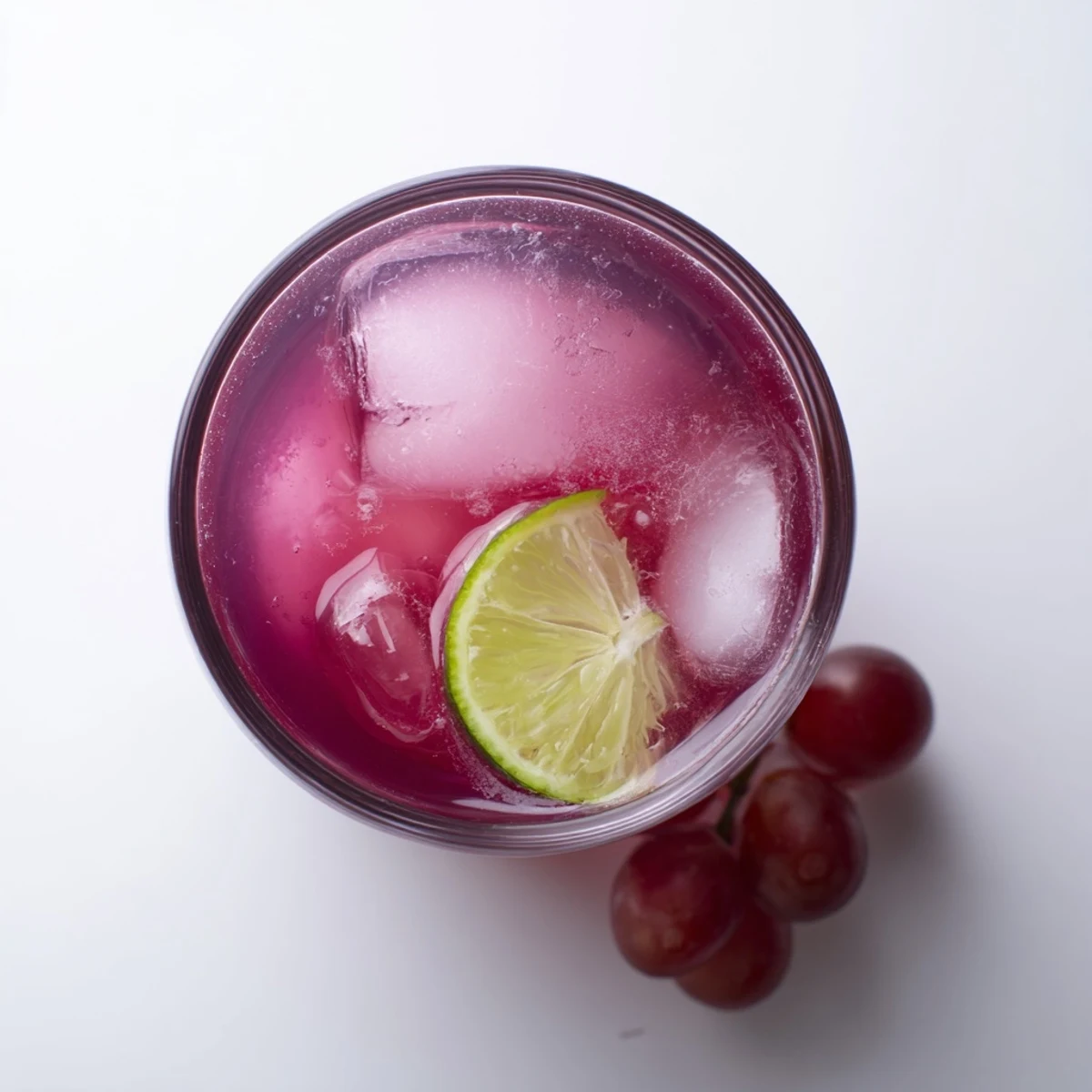 Vibrant purple grape agua fresca in a tall glass with lime wedges
