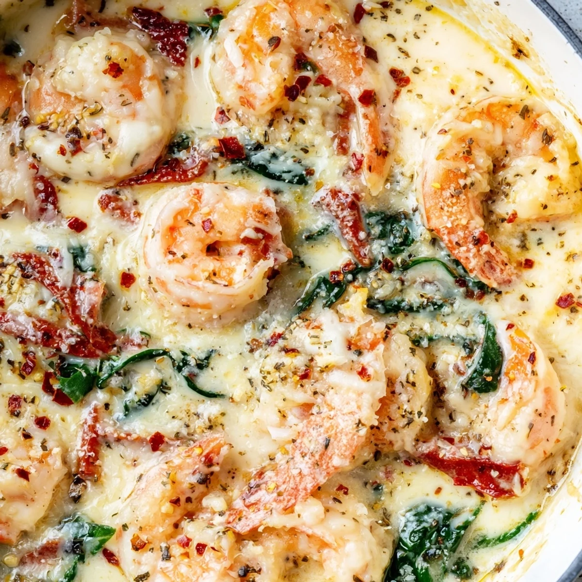 Creamy Low Carb Shrimp Tuscan Bake with melted mozzarella bubbling in a rustic casserole dish