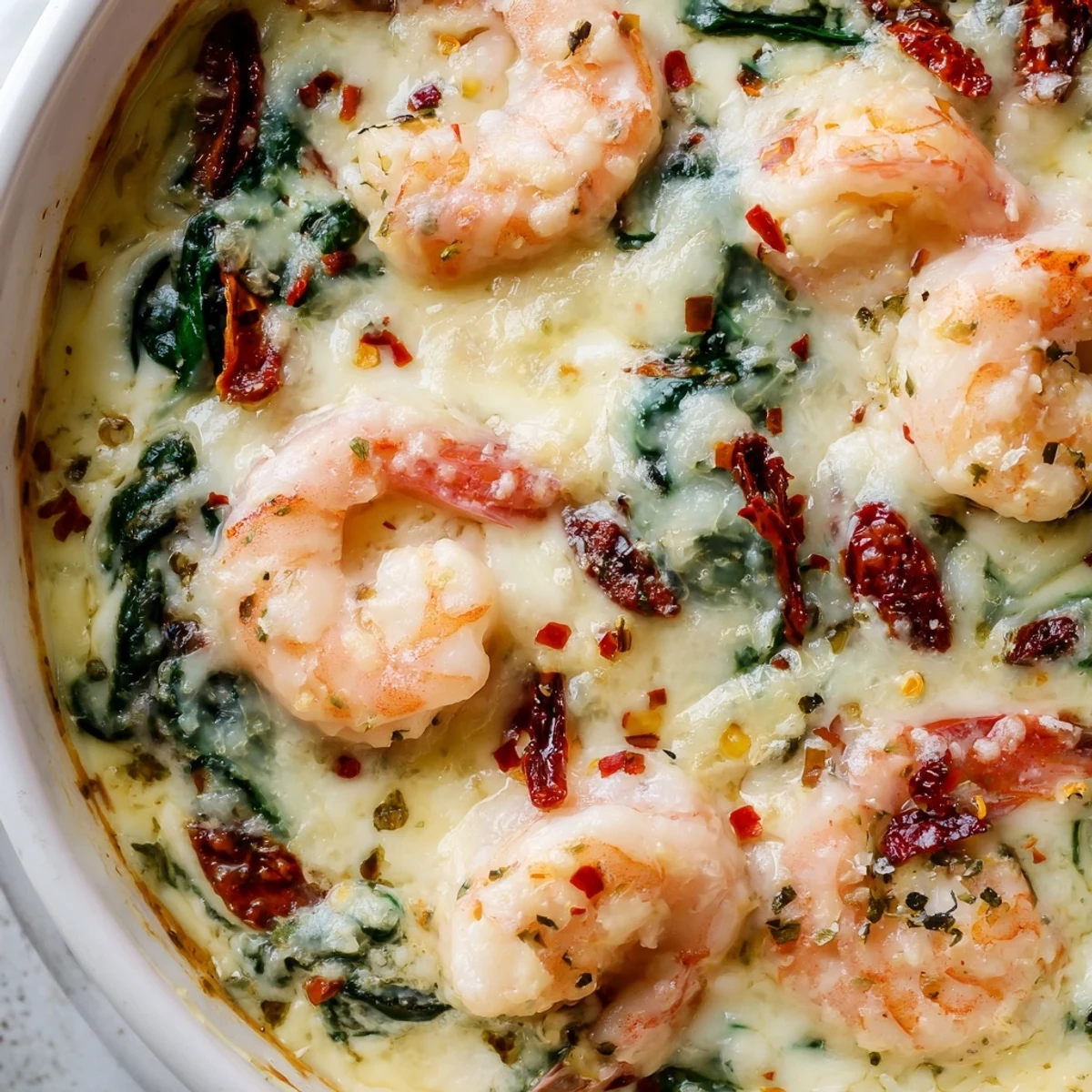 Golden baked Low Carb Shrimp Tuscan Bake topped with melted cheese and vibrant spinach