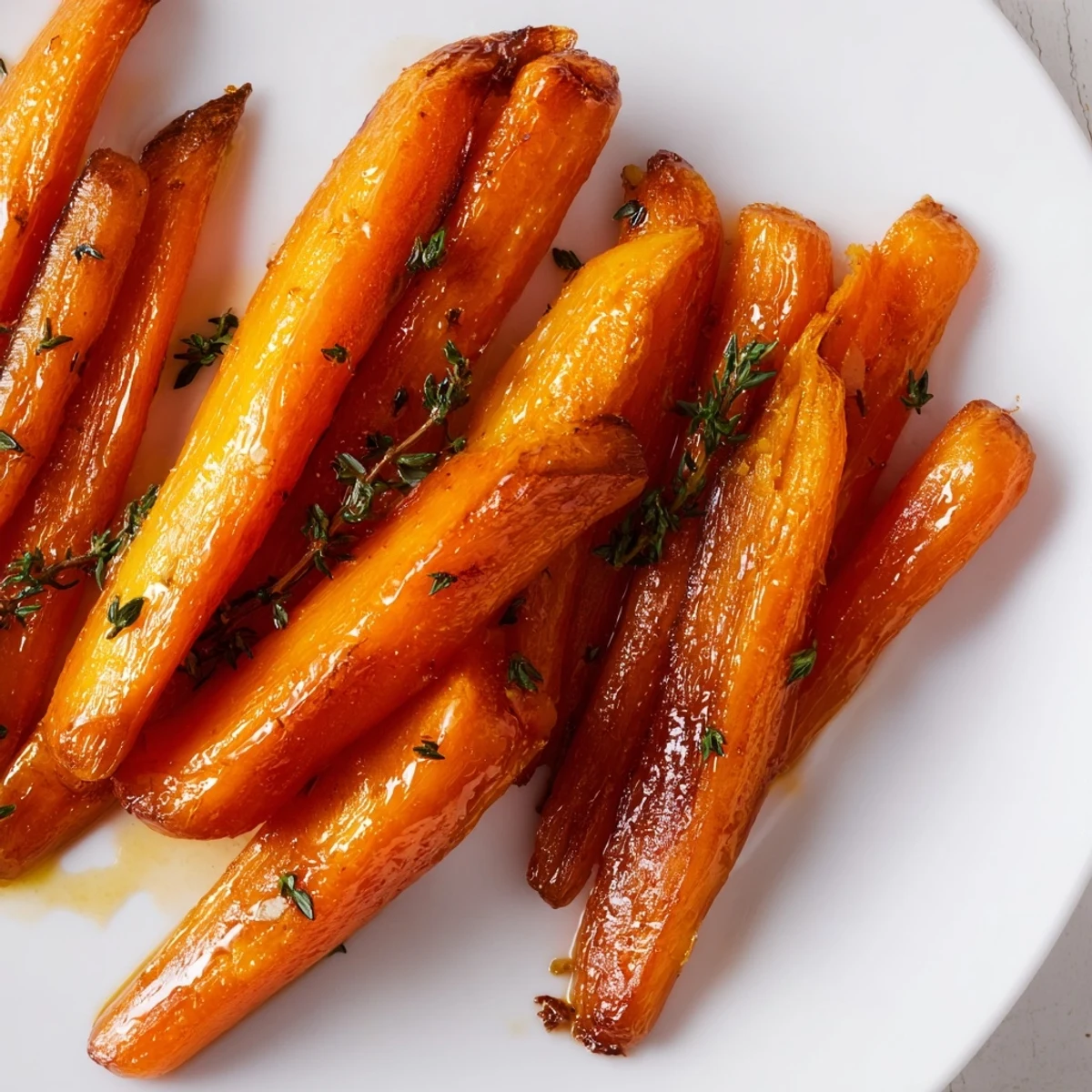 Golden honey roasted carrots glistening with caramelized glaze on a rustic serving platter