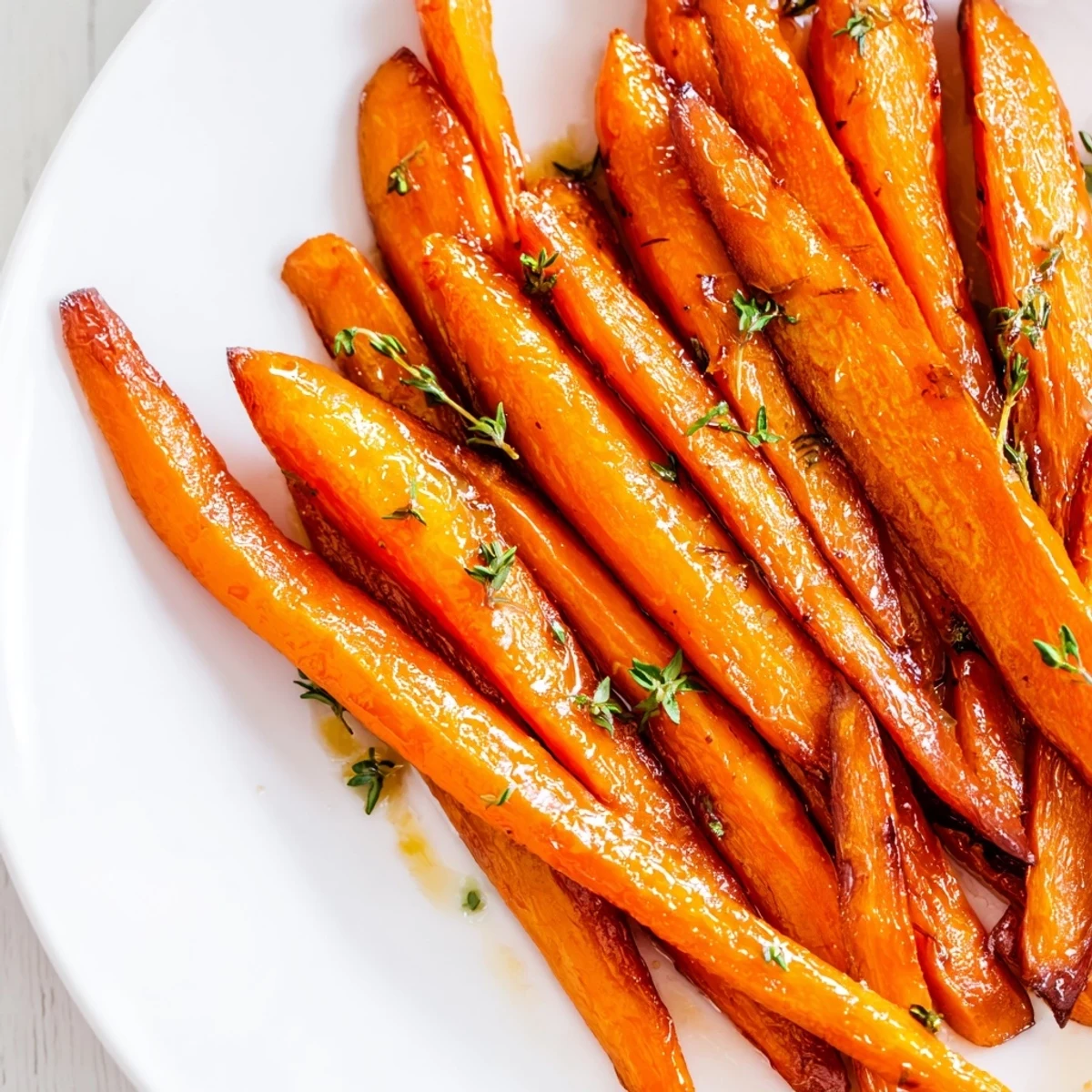 Tender honey roasted carrots coated in sticky sweet glaze alongside roasted herbs