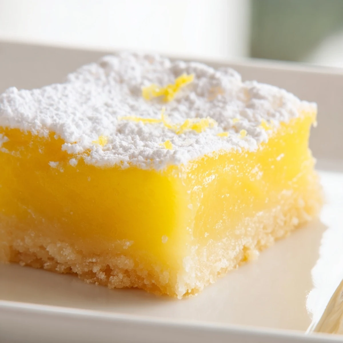 Chewy lemon bars with powdered sugar on a rustic wooden cutting board