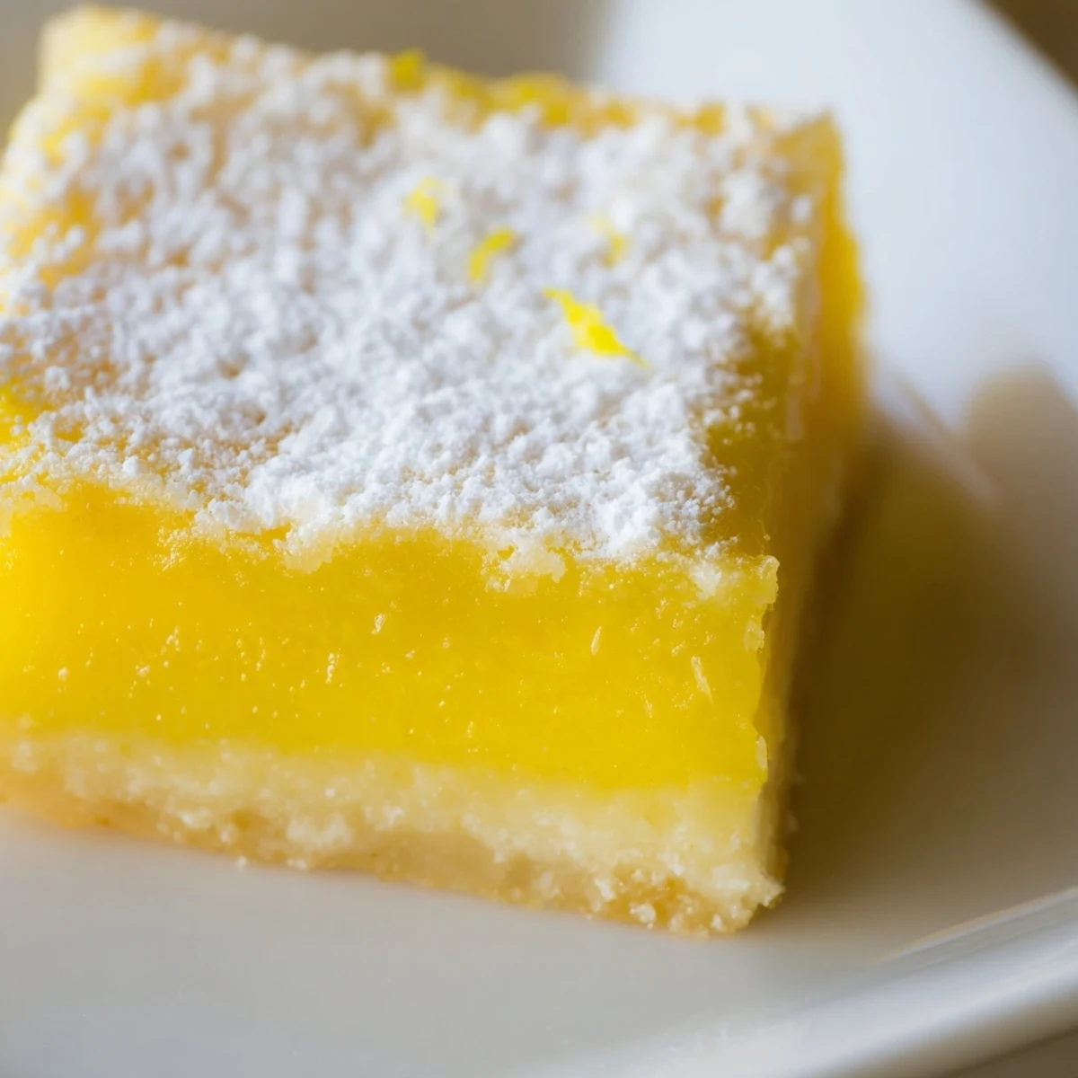 Golden lemon bar recipe squares dusted with snowy powdered sugar
