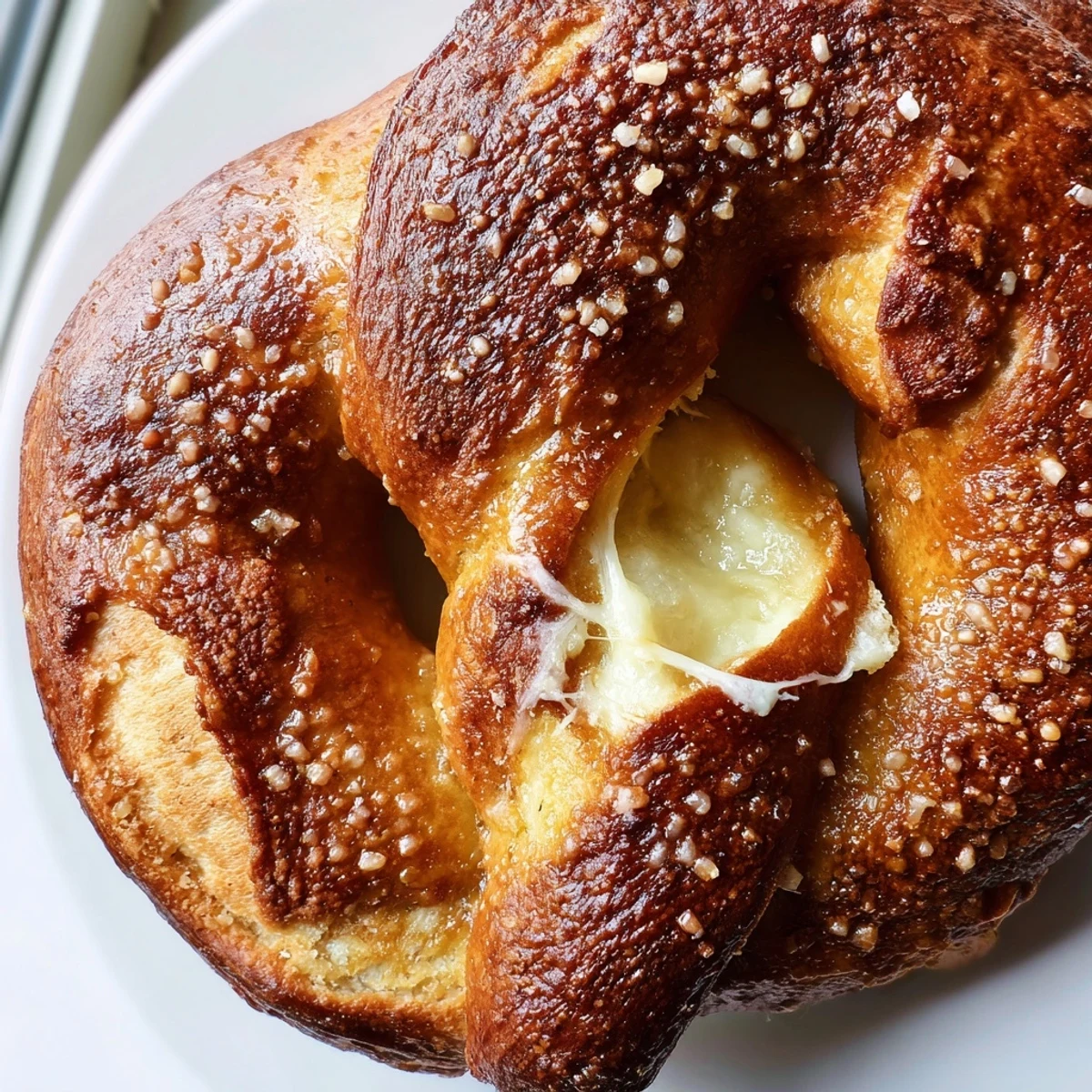 Golden mozzarella stuffed soft pretzels with coarse salt sprinkled on top served warm