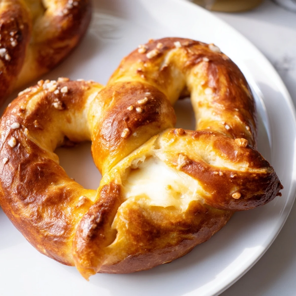 Oozy cheese melting from inside homemade mozzarella stuffed soft pretzels with buttery finish