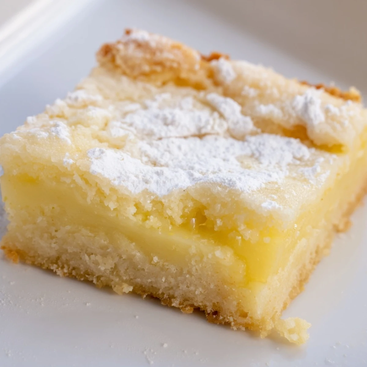 Golden Lemon Gooey Butter Cake squares dusted with powdered sugar on a rustic white serving plate