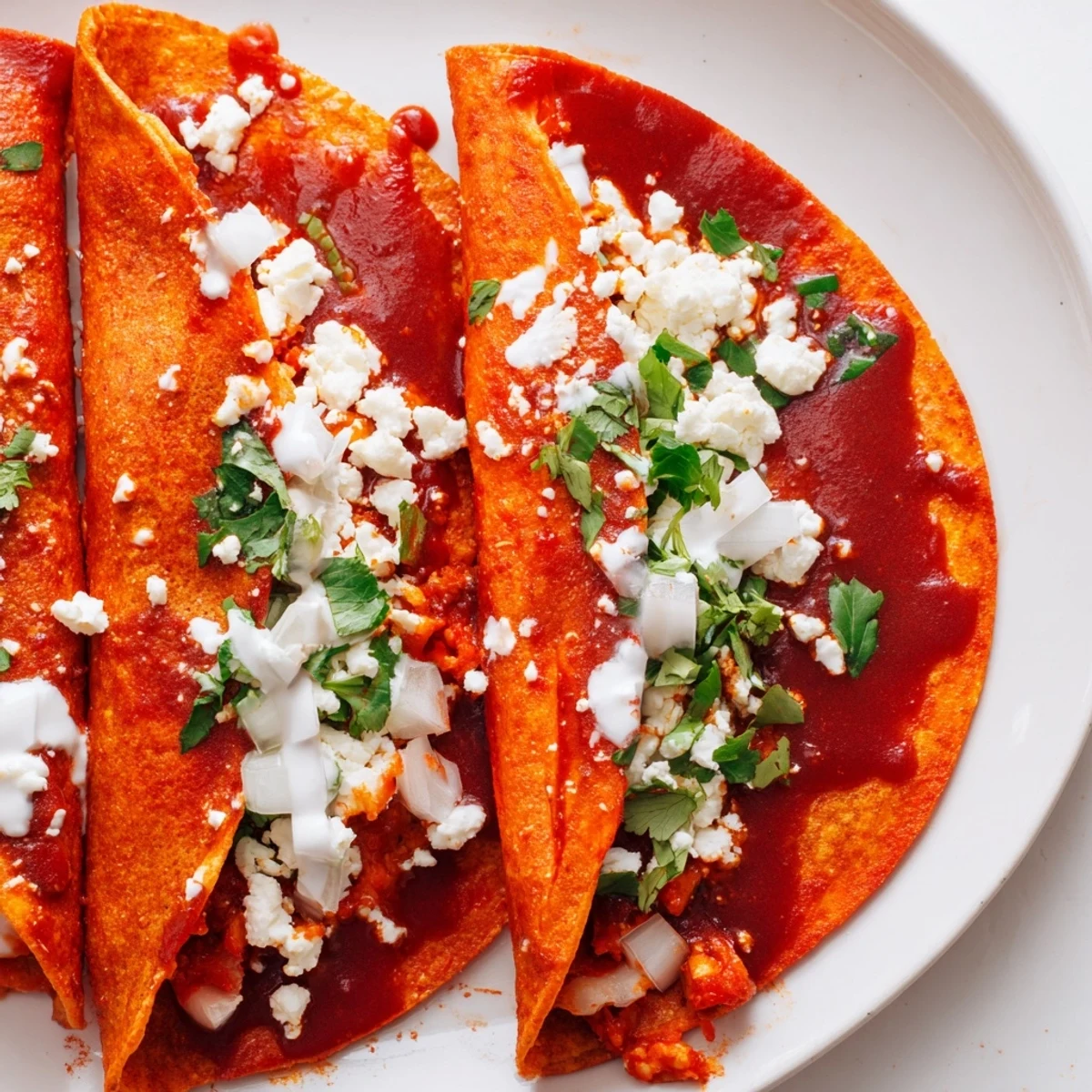 Golden entomatadas draped in rich red tomato sauce topped with crumbled queso fresco and fresh cilantro