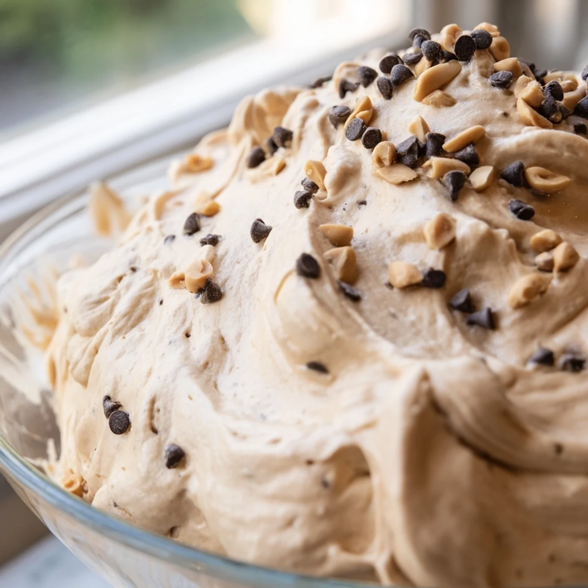 Creamy peanut butter and Cool Whip mousse spooned into glass dessert cups with chocolate sprinkles