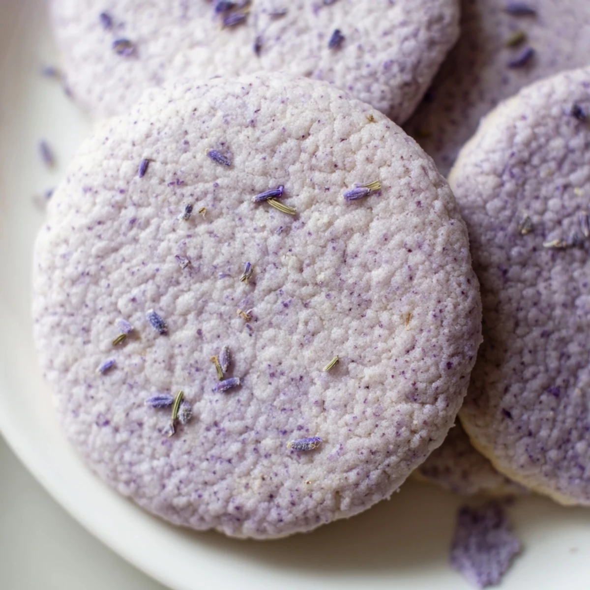 Soft lilac sugar cookies with pale purple flecks arranged on a rustic white serving plate