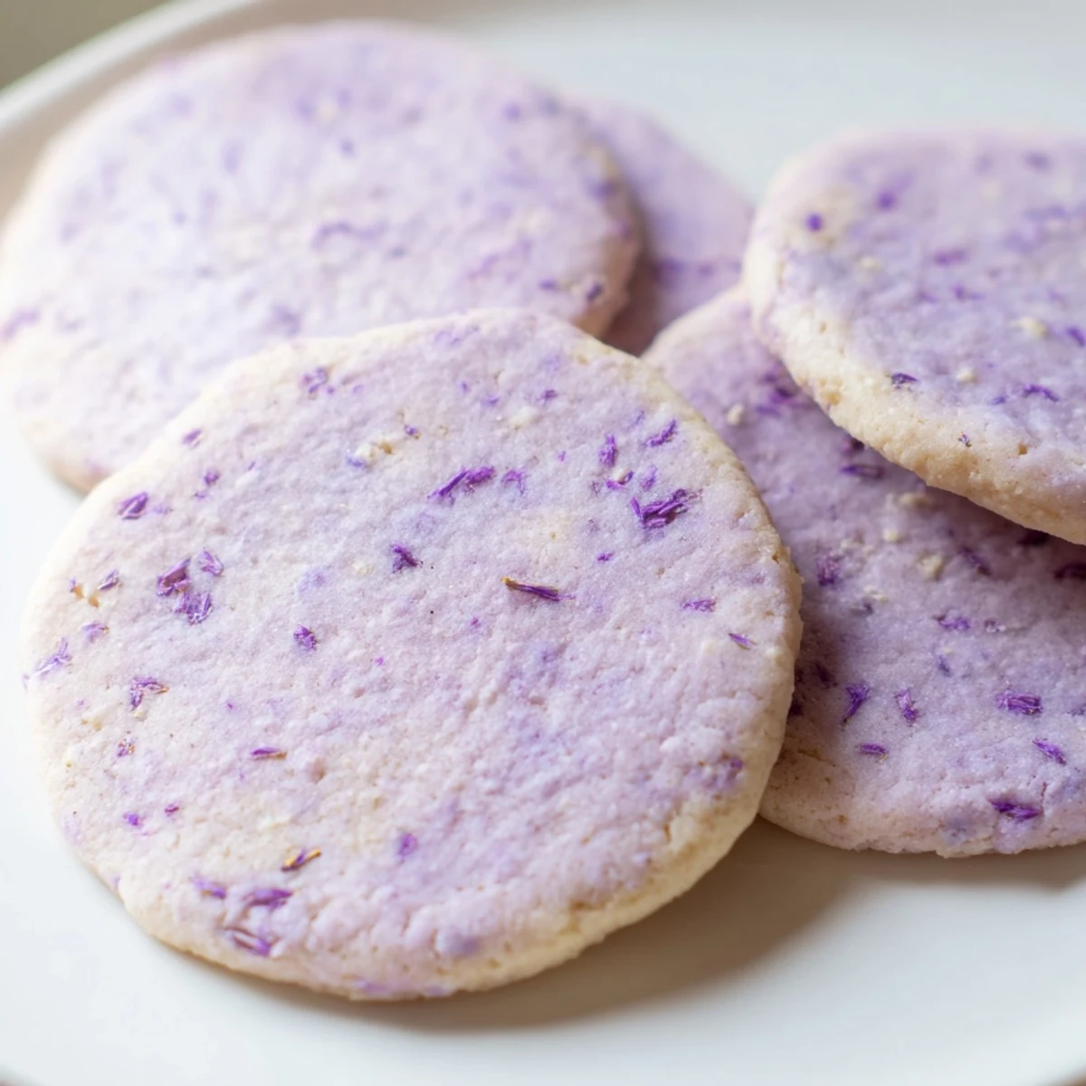 Buttery lilac sugar cookies with golden edges cooling on a wire baking rack