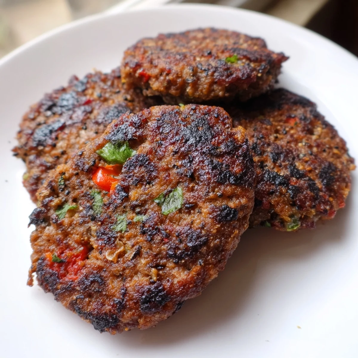 Seasoned Pakistani Chapli Kabab plated with fresh mint chutney, sliced onions, and warm naan