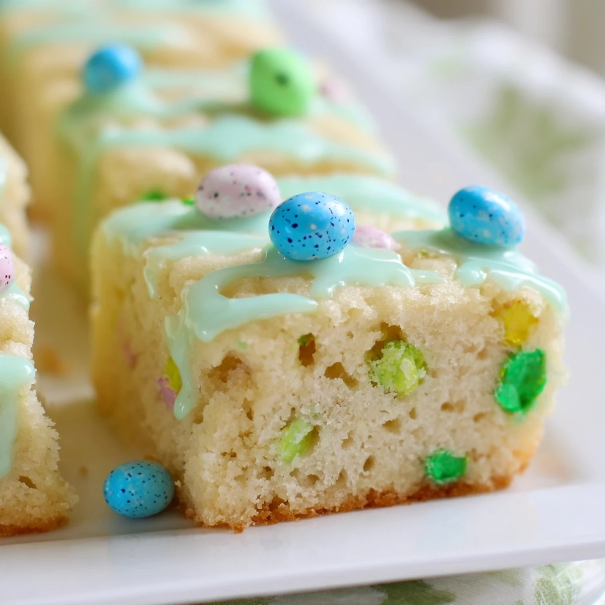 Robin Egg Snack Cake with pastel glaze and speckled candy eggs on tender vanilla crumb