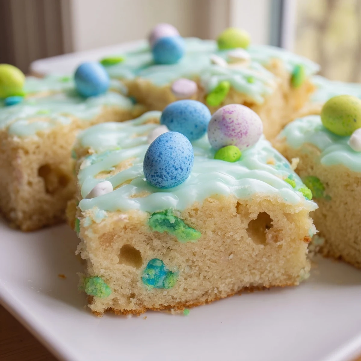 Speckled robin eggs scattered over moist vanilla snack cake drizzled with swirled pastel icing