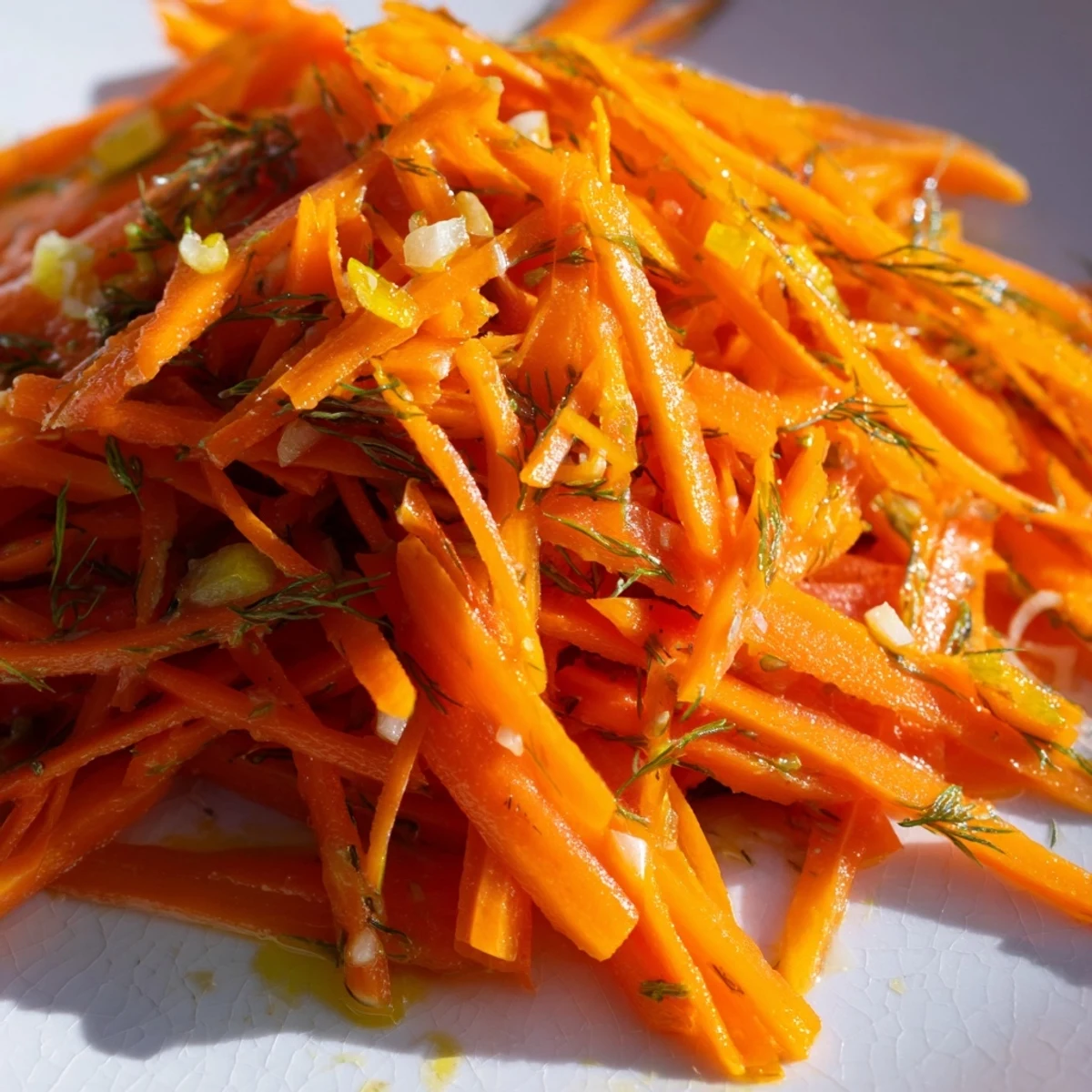 Crisp marinated carrot salad glistening with lemon dill dressing in a serving bowl