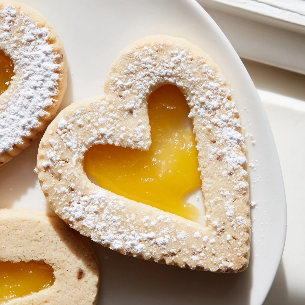Meyer Lemon Curd Linzer Cookies with powdered sugar dusting and peekaboo cutout centers reveal golden almond shortbread layers.