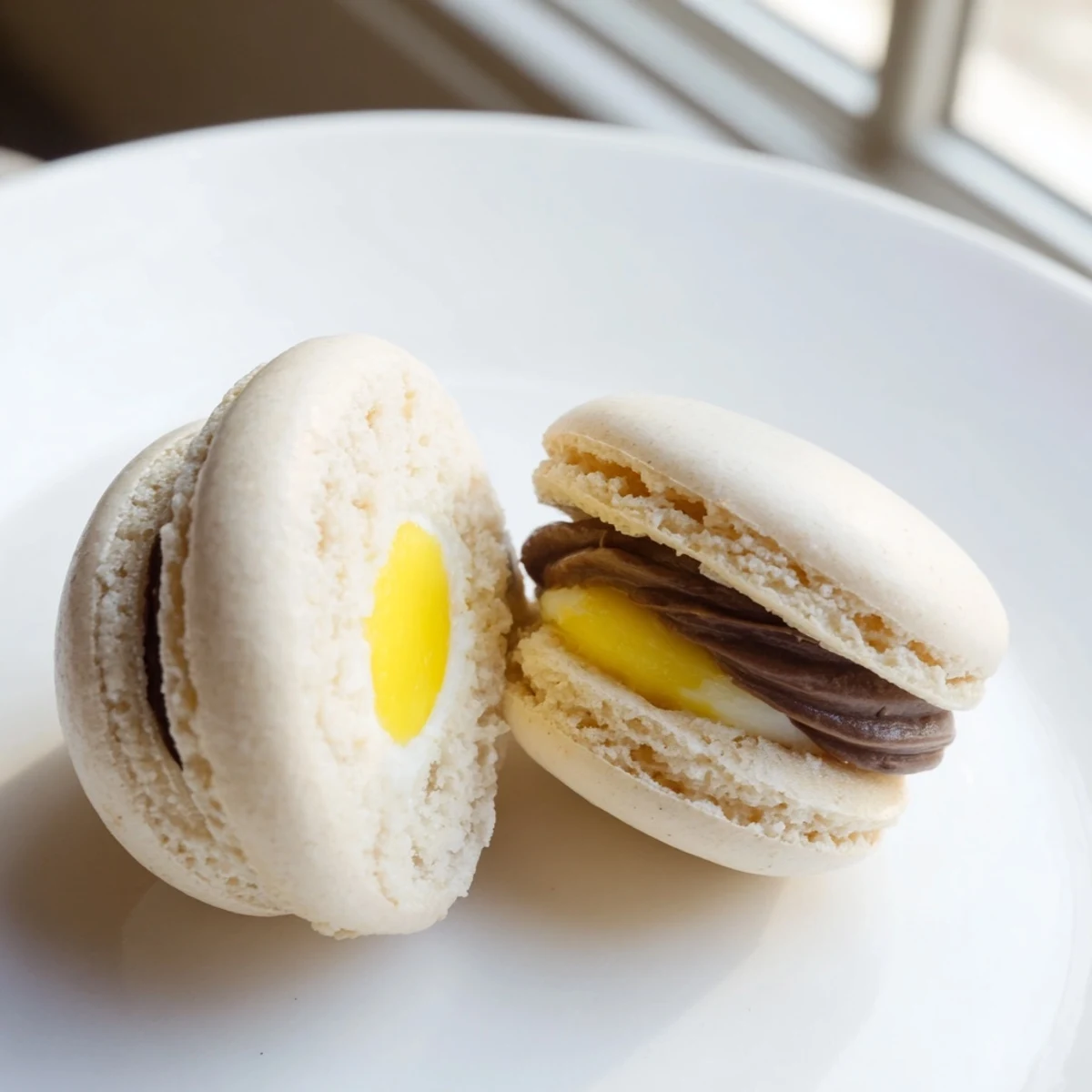 Smooth Cadbury Egg macarons with glossy chocolate shells and creamy yellow center filling