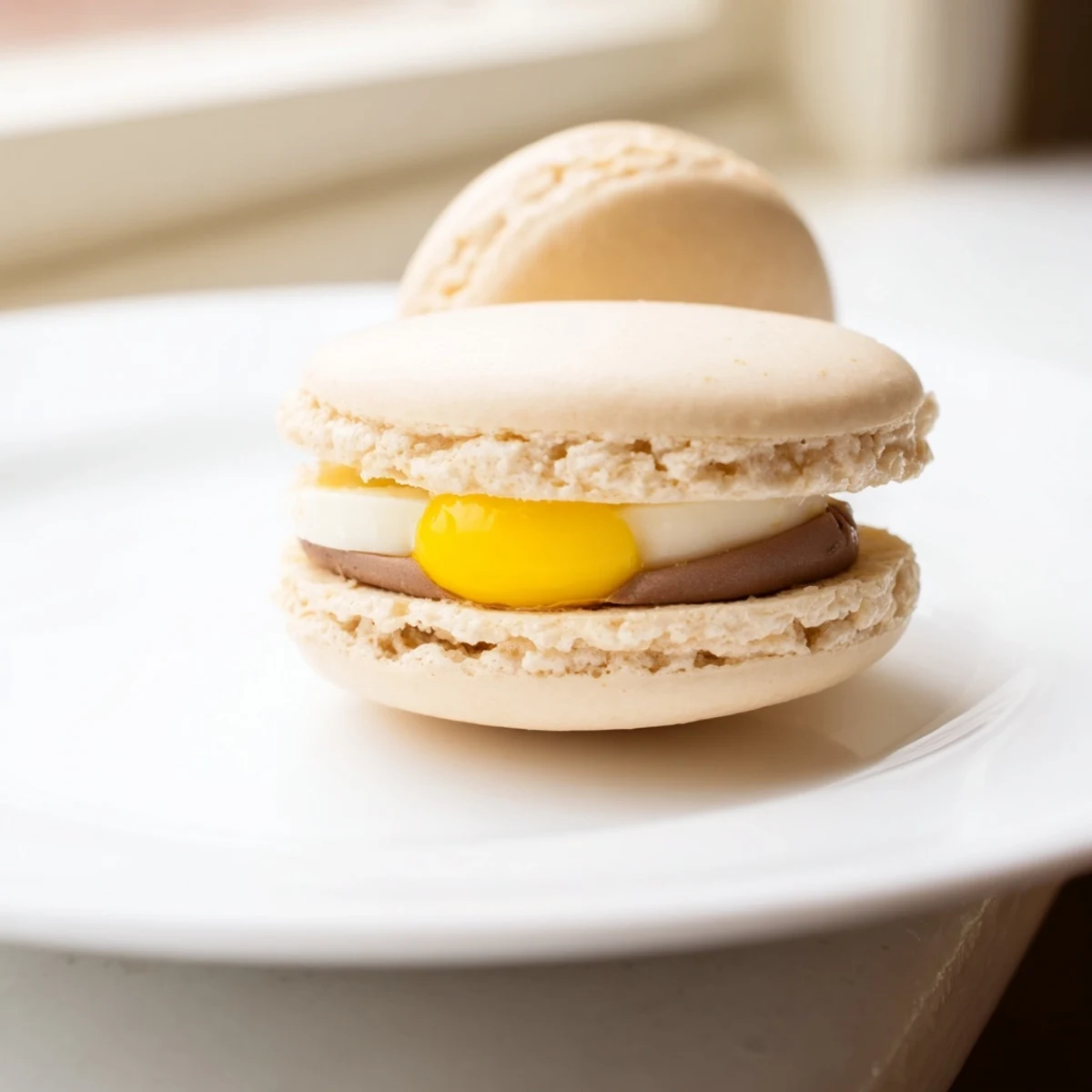 Delicate Cadbury Egg macarons sandwiched with rich milk chocolate ganache and golden yolk