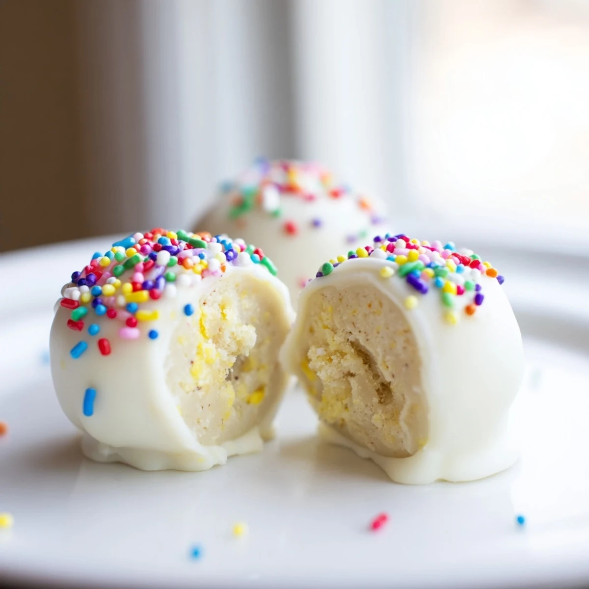 Creamy Banana Pudding Easter Truffles coated in white chocolate with colorful spring sprinkles
