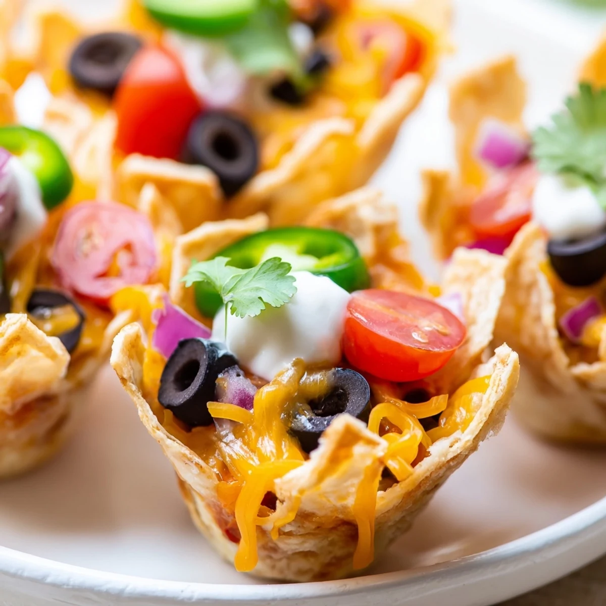 Golden cheesy nacho cups bubbling with melted cheese and colorful toppings in muffin tin