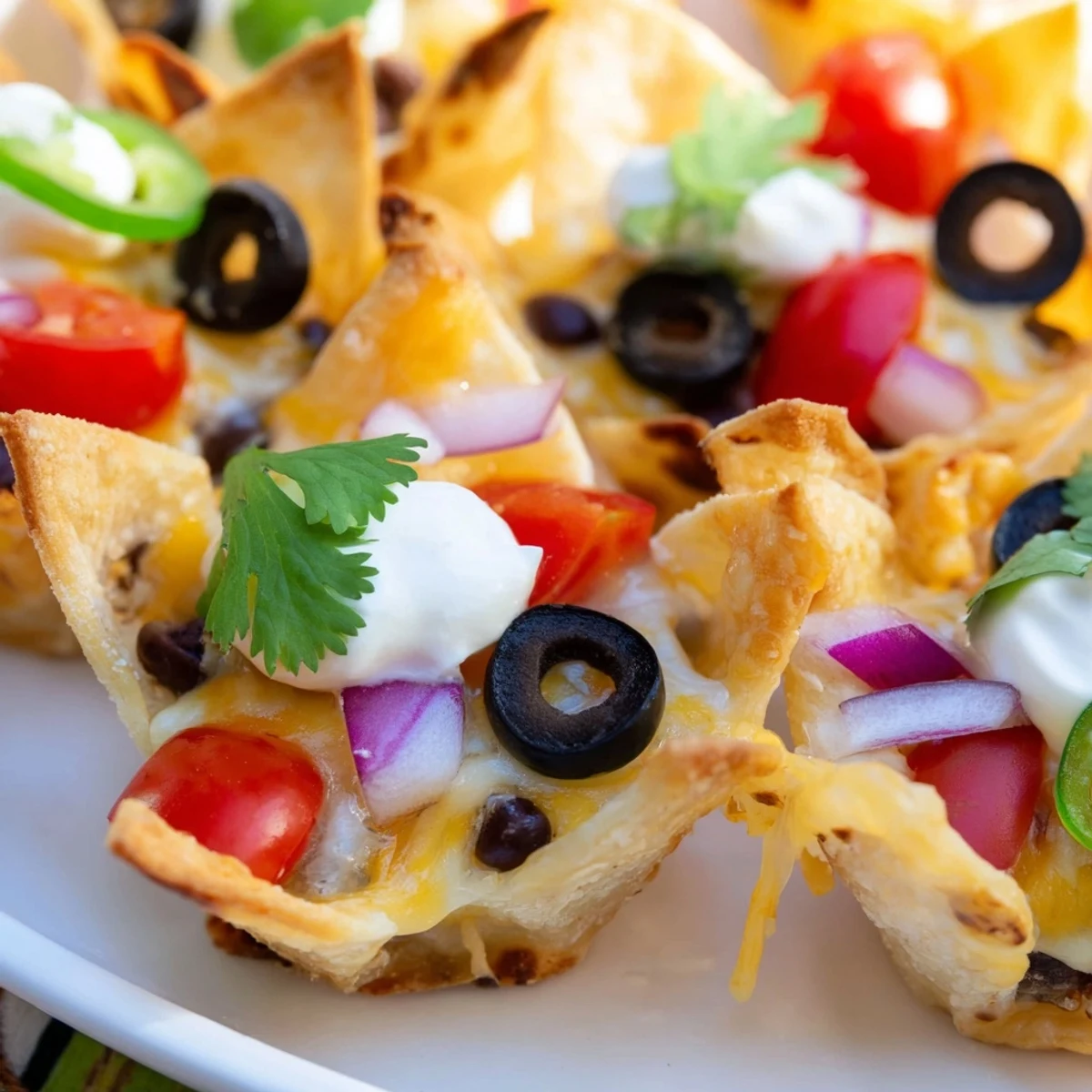 Crispy tortilla cups overflowing with gooey melted cheddar beans and fresh garnishes