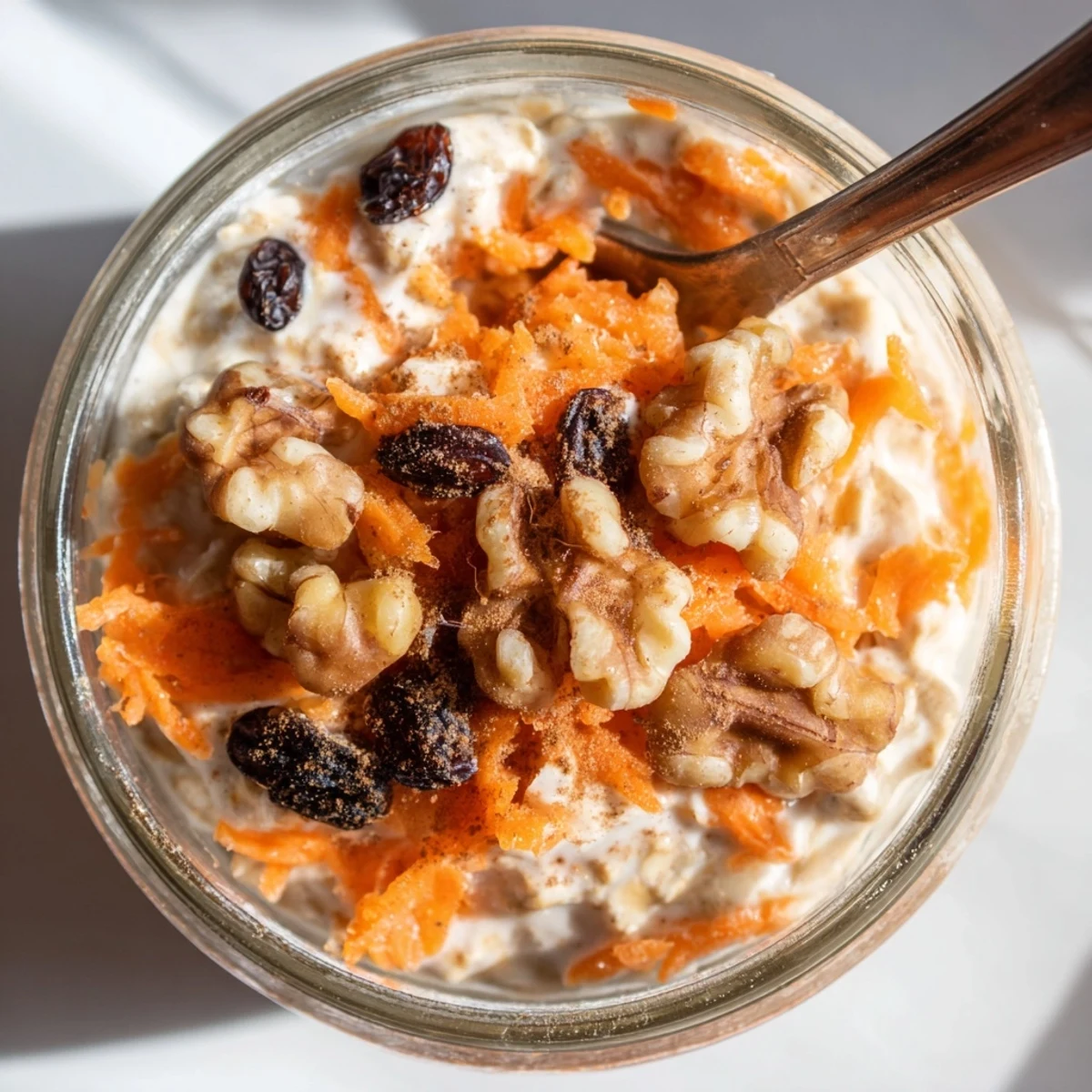 Creamy carrot cake overnight oats topped with crunchy walnuts in a glass jar