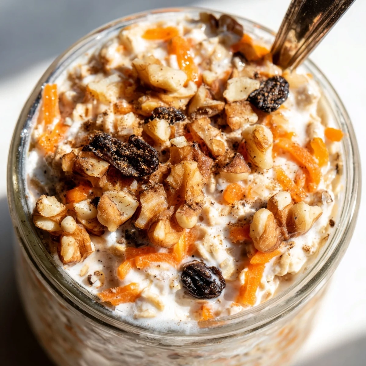Carrot cake overnight oats served in a jar with grated carrots and raisins