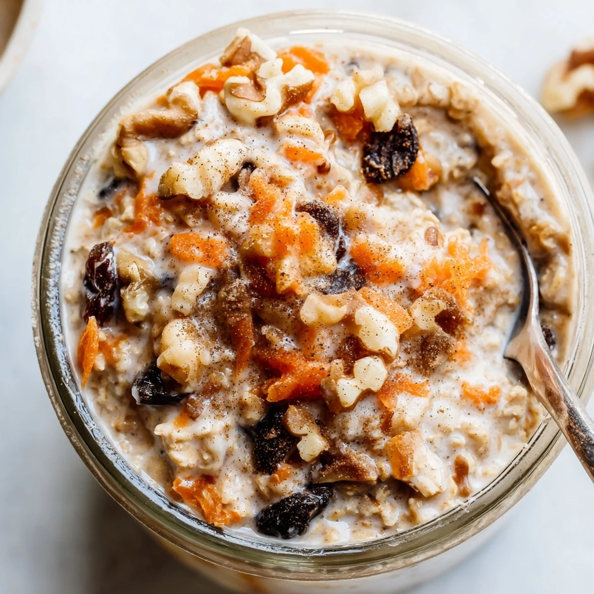 Spoon scooping into thick carrot cake overnight oats layered with cinnamon spices
