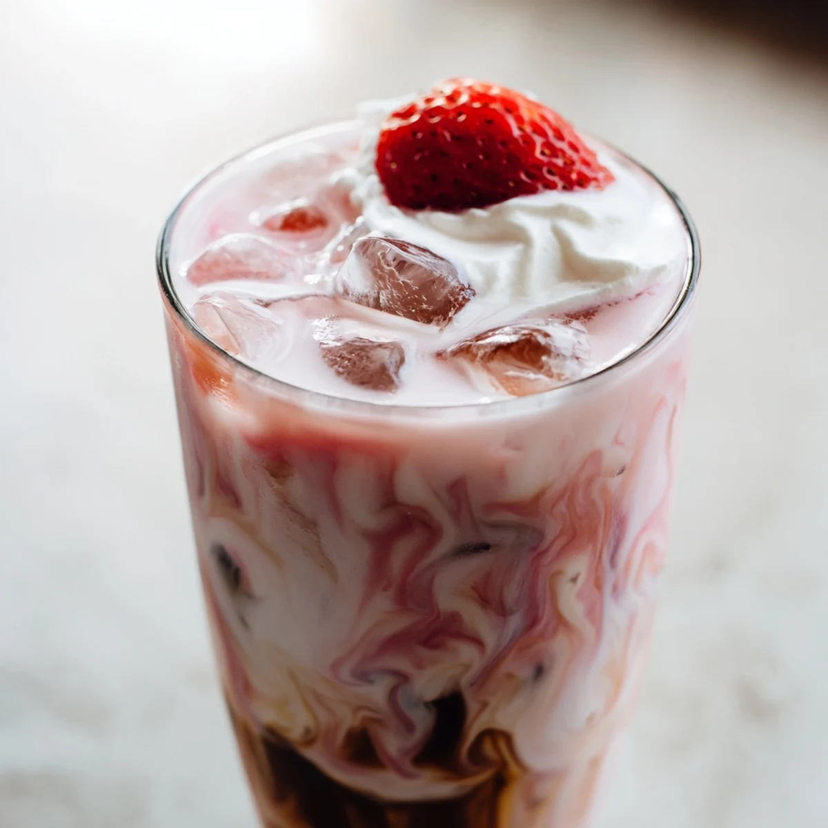 Creamy strawberry cold latte in a tall glass with swirled pink layers and ice