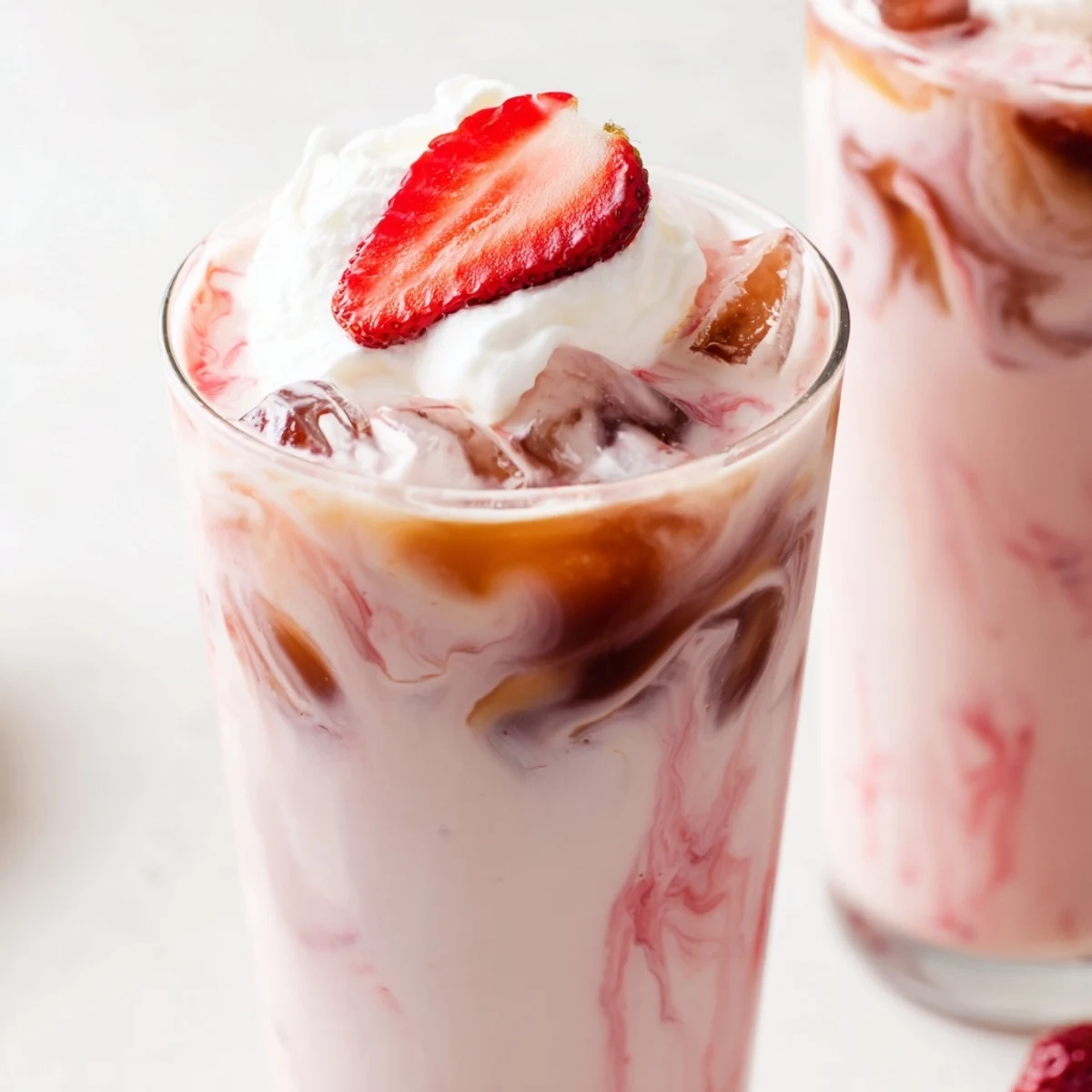 Refreshing strawberry cream cold latte topped with fluffy whipped cream and fresh berry garnish