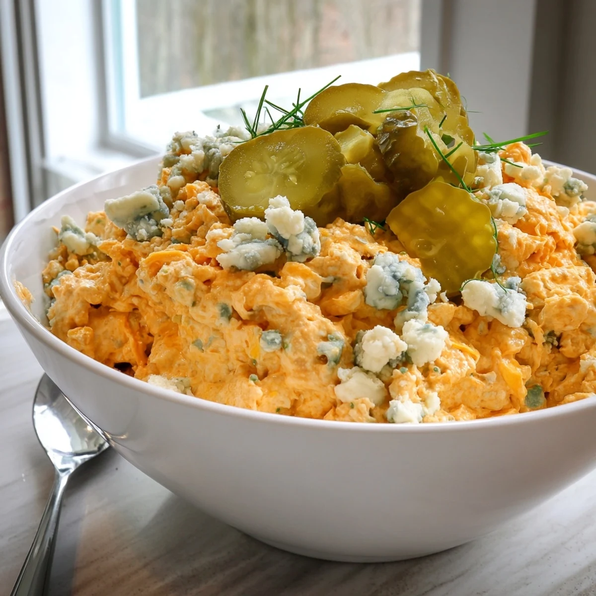 Creamy buffalo pickle dip in a serving bowl surrounded by crunchy chips and fresh veggie sticks