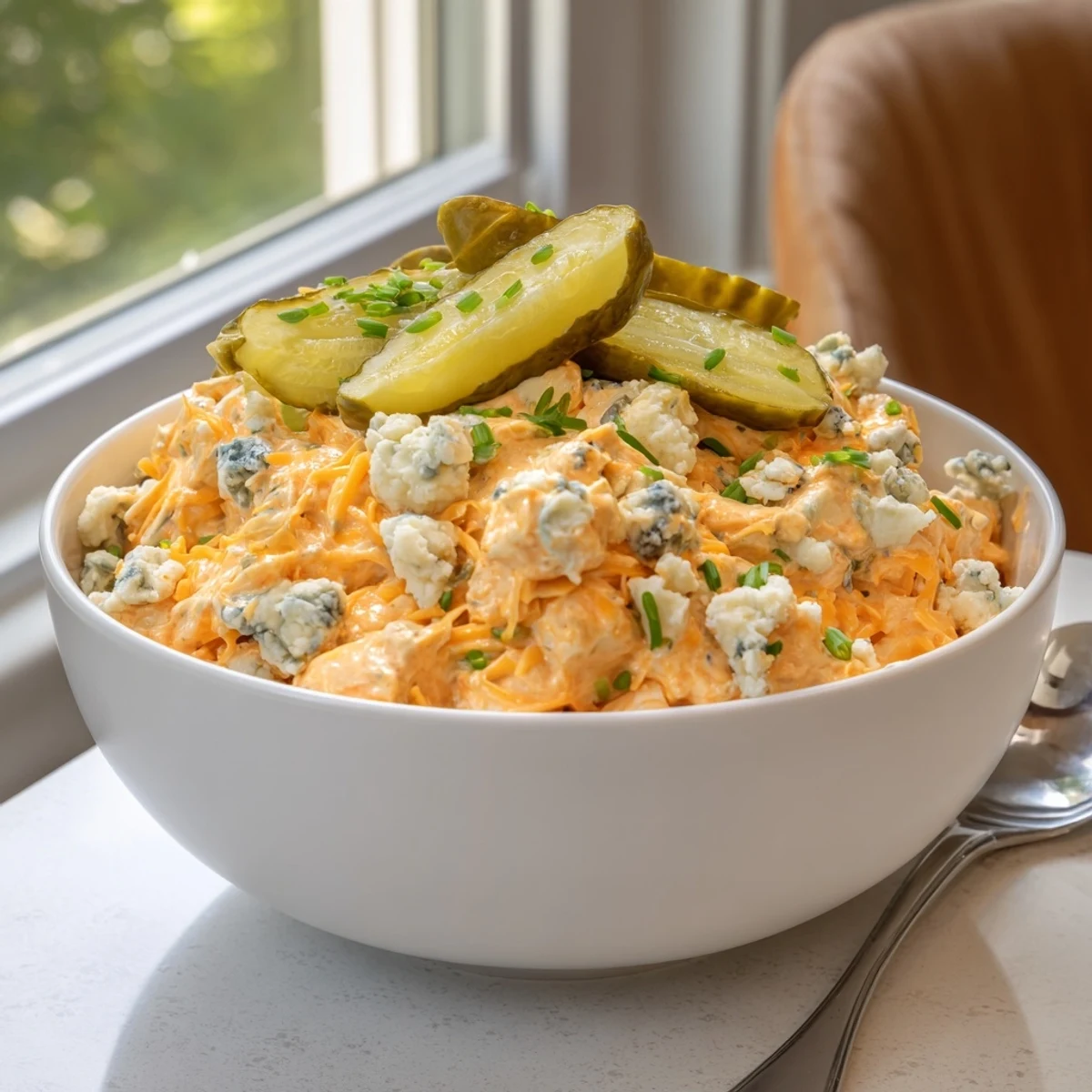 Tangy buffalo pickle dip topped with cheddar cheese and fresh chives on a rustic wooden board