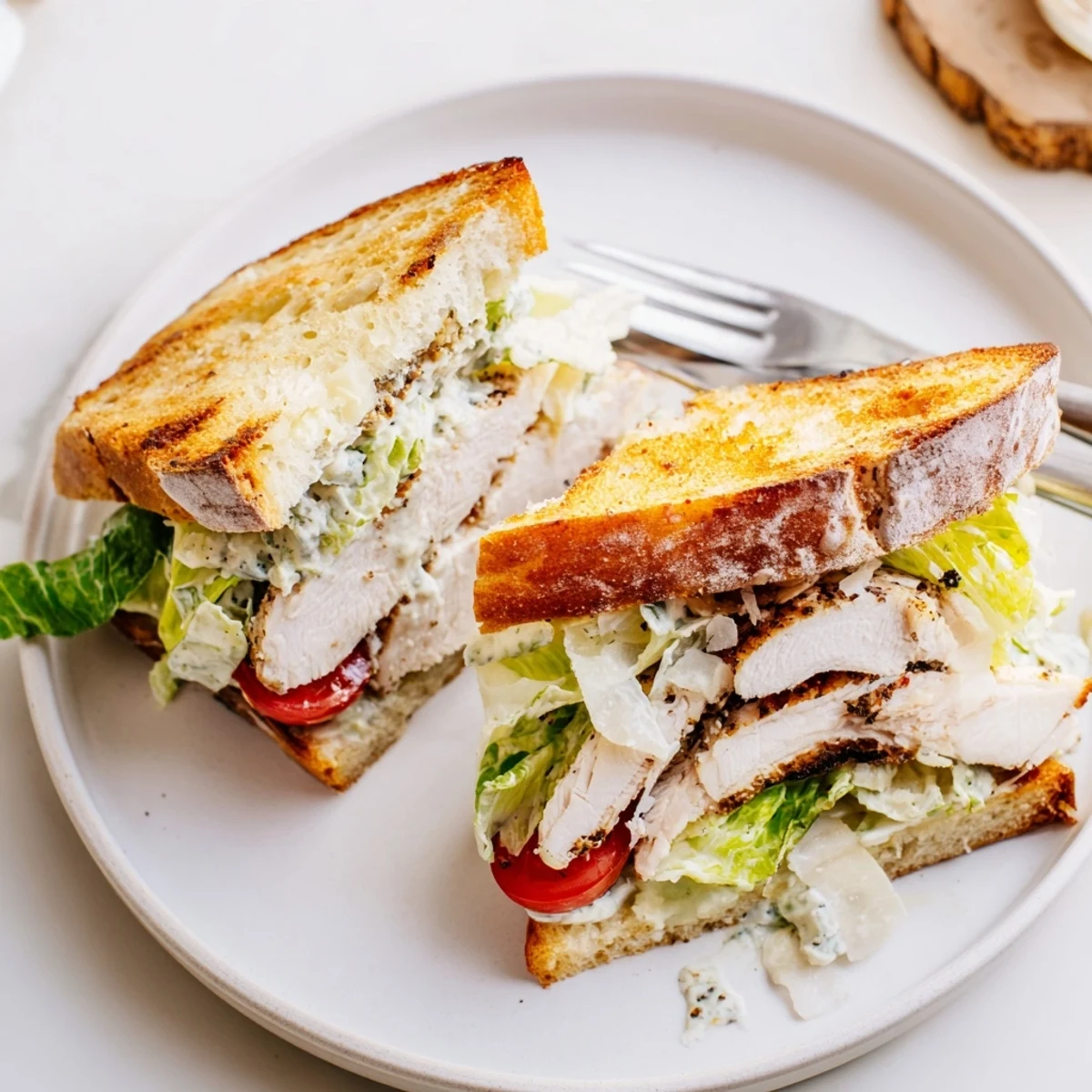 Grilled chicken Caesar sandwich with crisp romaine and Parmesan on golden toasted ciabatta