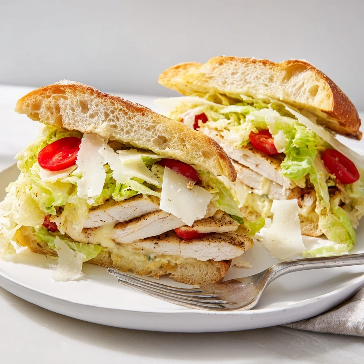 Juicy sliced chicken Caesar sandwich topped with creamy dressing and fresh shredded lettuce