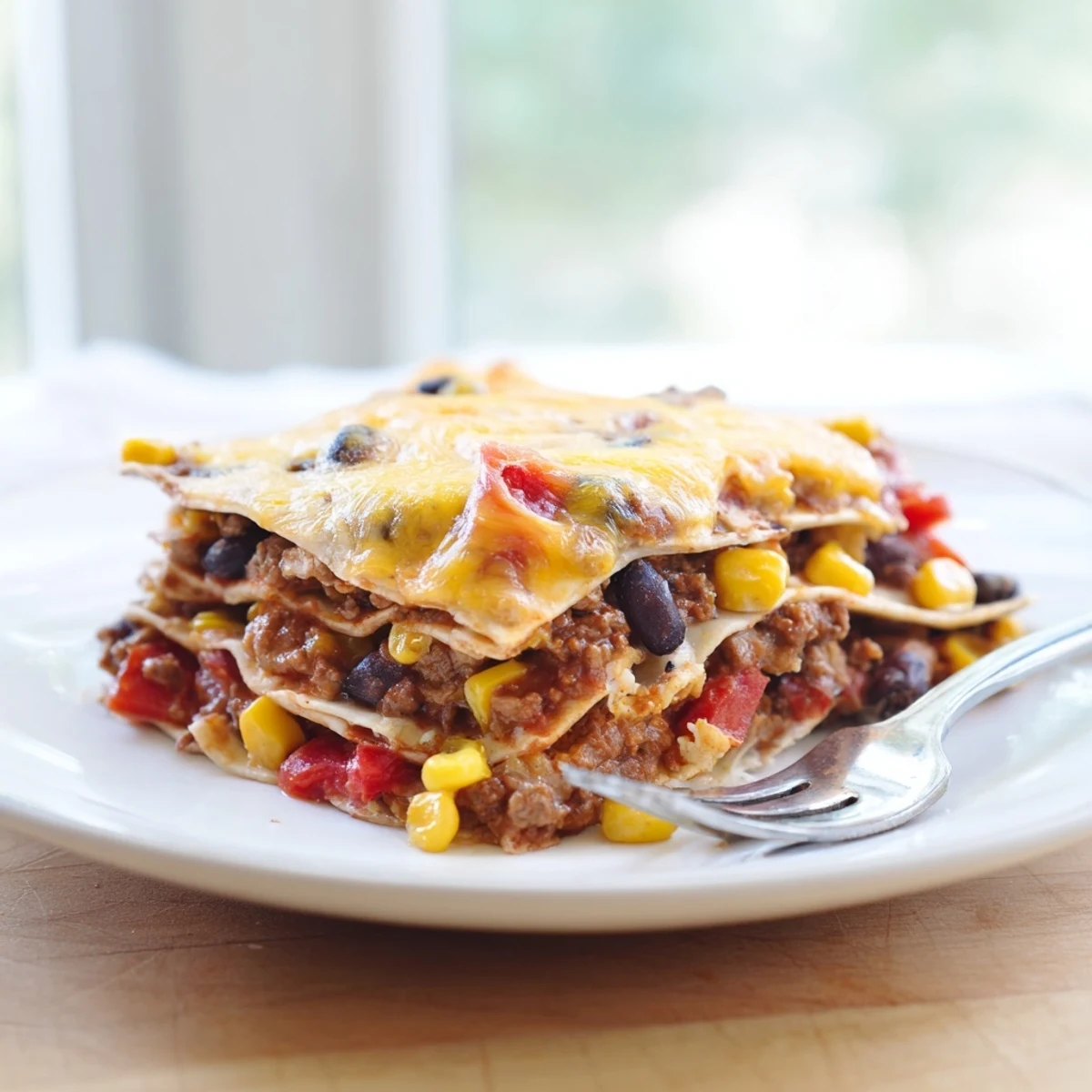 Golden bubbling Mexican lasagna with layers of seasoned beef beans and melted cheese